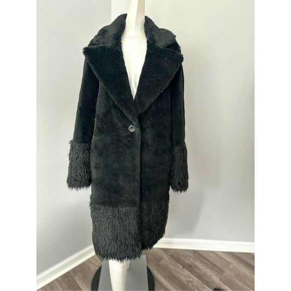 NWT Lita By Ciara Single Button Faux Fur Wool Blend Teddy Coat Black Medium - Picture 2 of 11